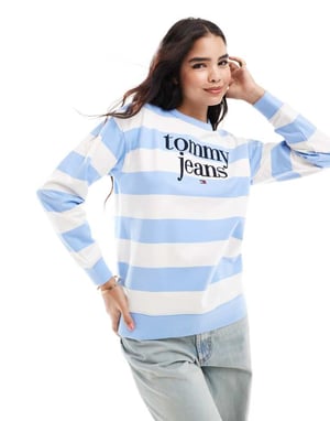 Tommy Jeans stor logotröja i blå och vit rand