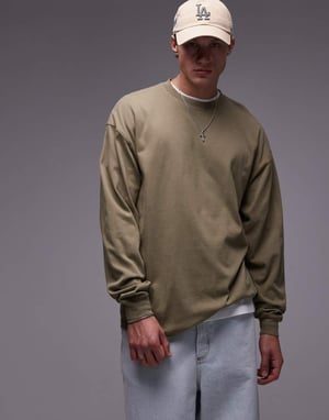 Topman avslappnad passform långärmad t-shirt i tvättad khaki