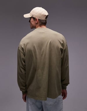 Topman avslappnad passform långärmad t-shirt i tvättad khaki