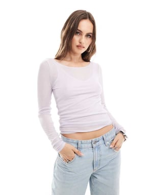Abercrombie & Fitch långärmad lager-på-lager semi-transparent off-the-shoulder topp i lila