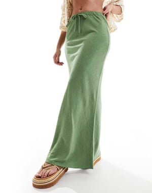 ASOS DESIGN linne-look knytmidja snedmaxikjol i khaki