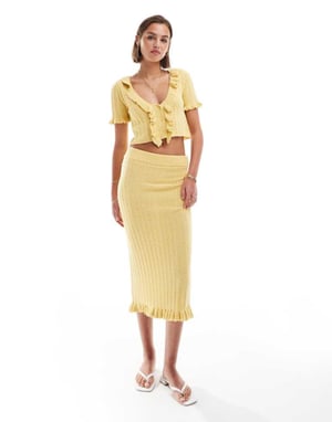 ASOS DESIGN stickad midaxi kjol med volangkoordinat i gult