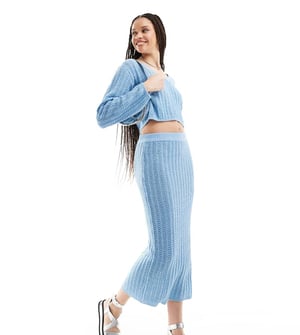 ASOS DESIGN Lång stickad midikjol i öppen stickning i blått