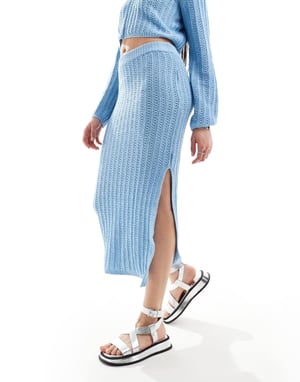 ASOS DESIGN Lång stickad midikjol i öppen stickning i blått