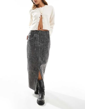 ASOS DESIGN läderlook västern midi kjol med kontrastsöm i tvättad grå