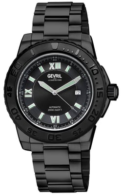 Gevril Men's Seacloud Swiss Automatic Movement SA100 Black Bezel, Black Dial, Stainless Steel Bracelet Watch