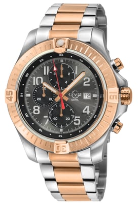 GV2 Men's T38 Swiss Quartz Chrono Enamel Gray Dial with White print 3 Black sub dial 316L IPRG Stainless Steel Bracelet Watch