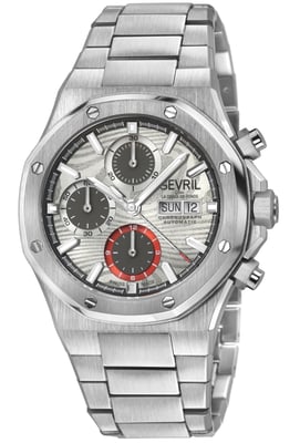Gevril Men's Kingsgate Chronograph SS Case,SS Bezel, Silver Dial, Stainless Steel Satin Bracelet.