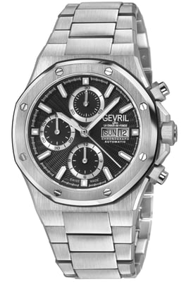 Gevril Men's Kingsgate Chronograph Swiss Made Automatic Chronograph Movement ETA 7750 Black Dial, Stainless Steel Satin Watch