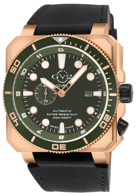 GV2 Men's XO Submarine Swiss Automatic Movement  SA100 Green Dial, Black Handmade Italian Leather Watch
