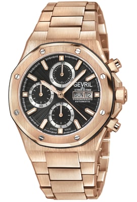Gevril Men's Kingsgate Swiss Made Automatic Chronograph Movement ETA 7750 Black Dial, Stainless Steel Watch