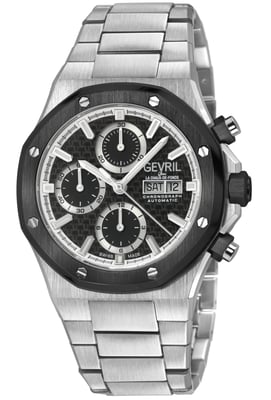 Gevril Men's Kingsgate Chronograph SS Case,Black Bezel, Black Dial, Stainless Steel Satin Bracelet.