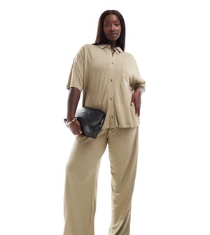 ASOS DESIGN Curve låg midja linne-look byxa i taupe