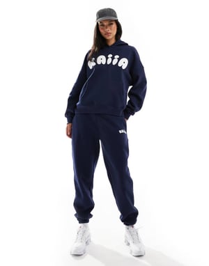 Kaiia bomullsblandning bubbello-logo muddade joggingsbyxor set i marinblå