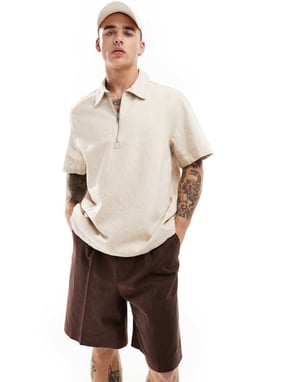 Weekday Dejan tungviktslinne kortärmad polo zip-skjorta i beige
