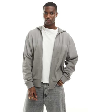 ASOS DESIGN oversized piké tvättad zip-through hoodie i grå