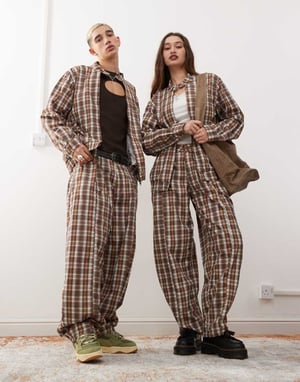 Återvunnet vintage unisex rutigt mönster byxor med tunn benkoord