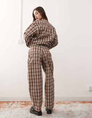 Återvunnet vintage unisex rutigt mönster byxor med tunn benkoord