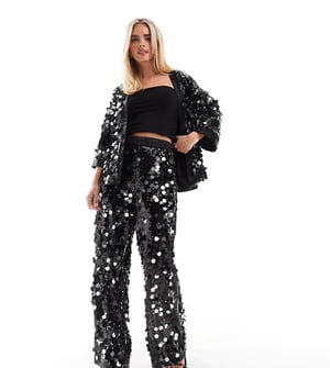 ASOS DESIGN Petite disco paljett skräddarsydd byxa i svart