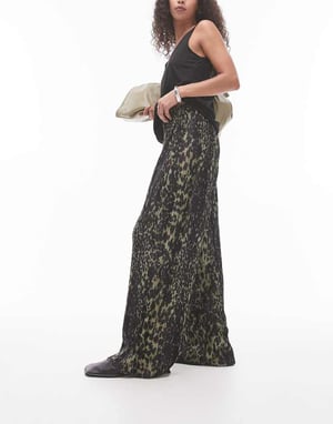 Topshop leopard plisse trouser in khaki