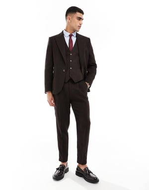 ASOS DESIGN tapered kostymbyxor i brun twill av ullblandning