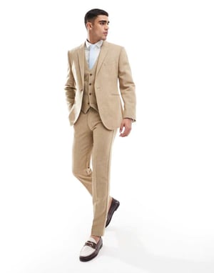 ASOS DESIGN bröllops slim ullmix byxa i beige korgvävstextur