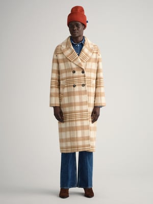 Womens Light Beige Melange Checked Overcoat