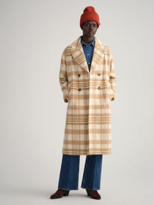 Womens Light Beige Melange Checked Overcoat