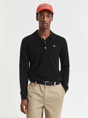 Mens Black Superfine Lambswool Polo Sweater