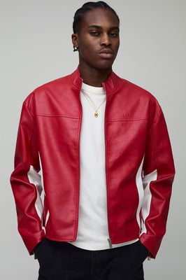 Boxy Fit Colour Block Panel PU Biker Jacket