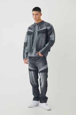 Boxy Denim Moto Applique Biker Jacket