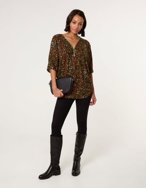 Printed Zip Front Top