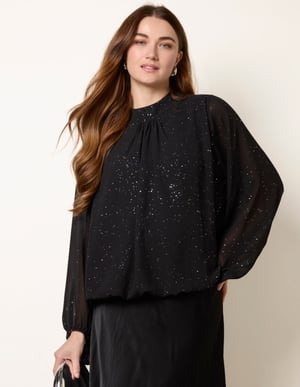 Metallic Sparkle Chiffon High Neck Puffball Top