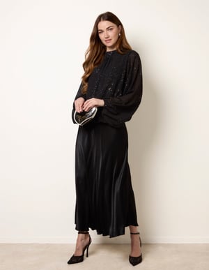 Metallic Sparkle Chiffon High Neck Puffball Top