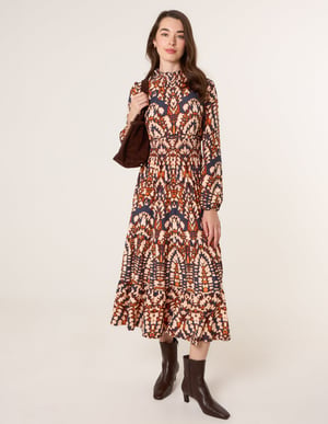 Frilled Shirred High Neck Shirred Waist Dress