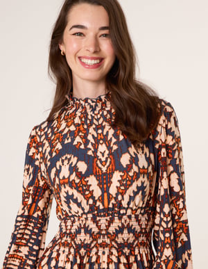 Frilled Shirred High Neck Shirred Waist Dress