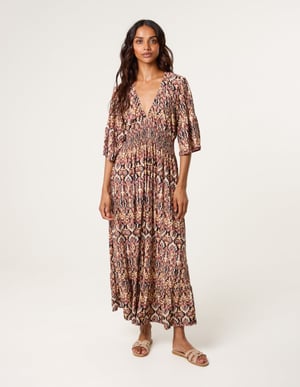 Elasticated Neck Shirred Waist Midi Dress