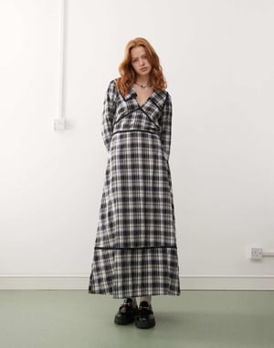 Reclaimed Vintage check midi dress with collar in blue