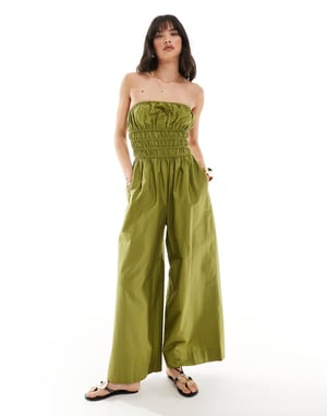 ASOS DESIGN rynkad bodice vid ben jumpsuit i khaki