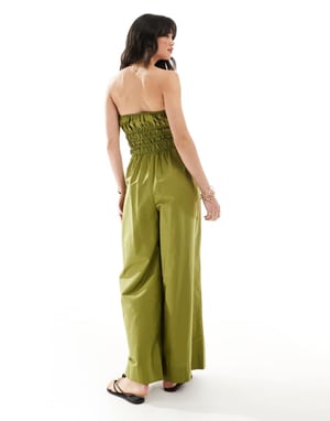 ASOS DESIGN rynkad bodice vid ben jumpsuit i khaki