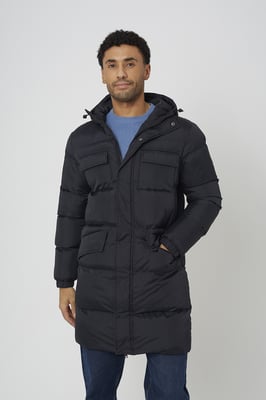 Black Longline Hooded Padded Jacket With Patch Pockets