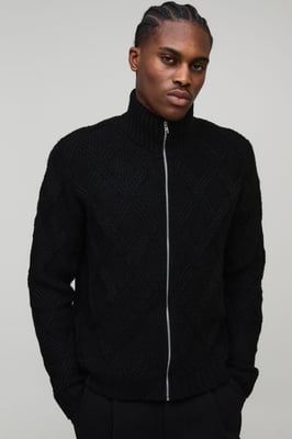 Boxy Cross Hatch Zip Thru Knitted Jacket
