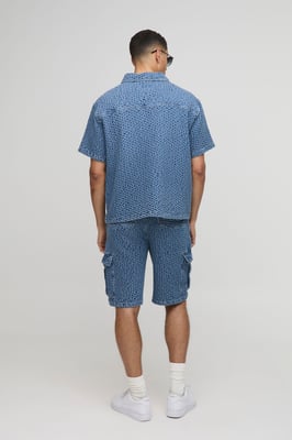 Relaxed Textured Denim Cargo Shorts