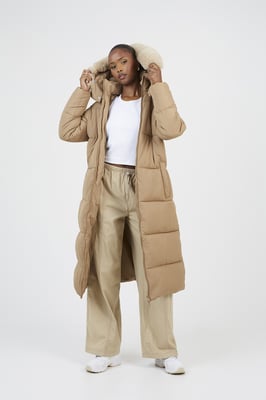 Tan Maxi Hooded Padded Jacket With Detachable Faux Fur Trim
