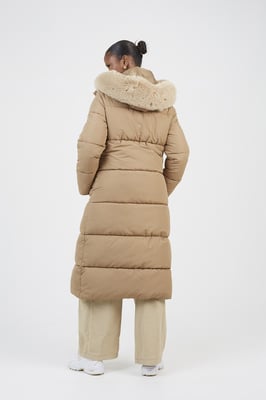 Tan Maxi Hooded Padded Jacket With Detachable Faux Fur Trim