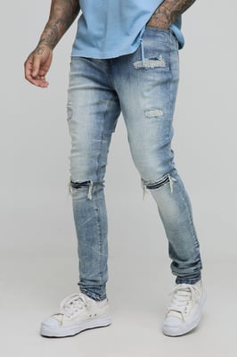 Tall Acid Wash Rip & Repair Stacked Skinny Jeans