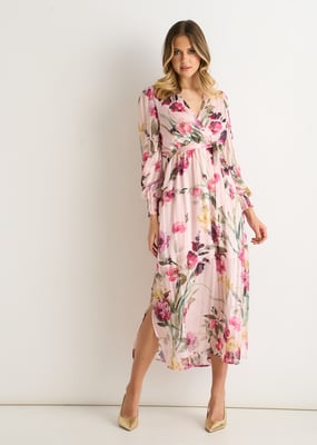 Rosa blommig print glittrig chiffong wrap midi klänning