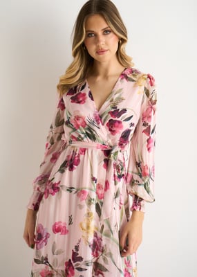 Rosa blommig print glittrig chiffong wrap midi klänning