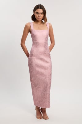 Foil Metallic Figure Form Strappy Knit Maxi Dress