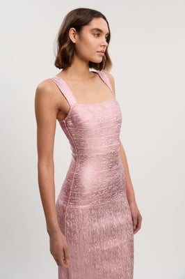Foil Metallic Figure Form Strappy Knit Maxi Dress